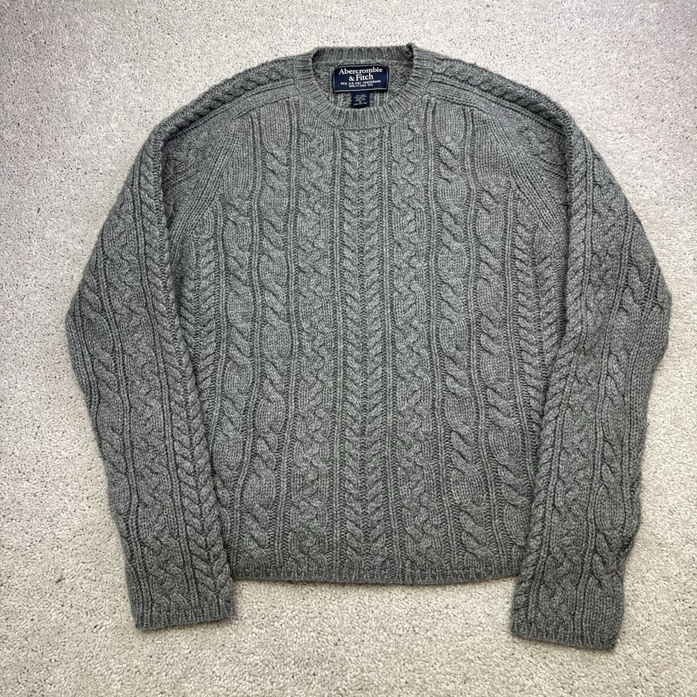 VTG Abercrombie Fitch Wool Cable Knit Fisherman Sweater Gray Mens XL